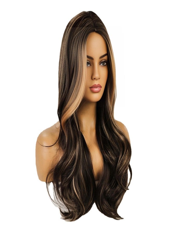 JOUKAYEA Long Wavy Blonde and Brown Wig for White Black Women, Synthetic Beach Loose Body Wave Brunette Wig with Blond Highlight, Realistic Curly Sexy Natural Looking Hispanic Ladies Hair Wigs - Image 5